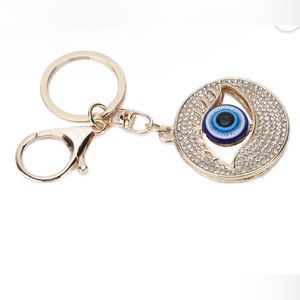 Blue Evil Eye Key Ring Chain, rhinestones Hanging Charms with Carabiner clip